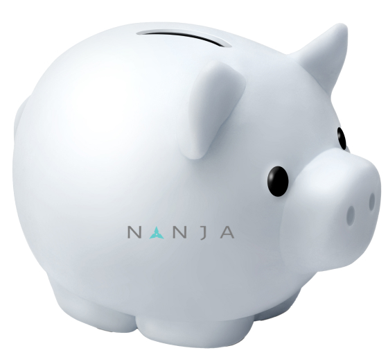 A white piggy bank with the word nanja on it.